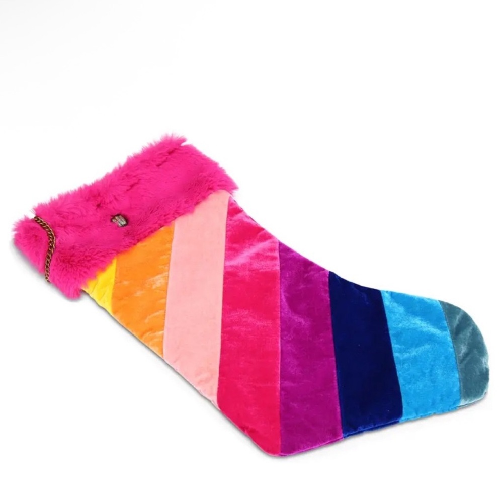 Kurt Geiger Colorful Striped Faux Fur Christmas Stocking With Raven/Eagle Head - Picture 2 of 4